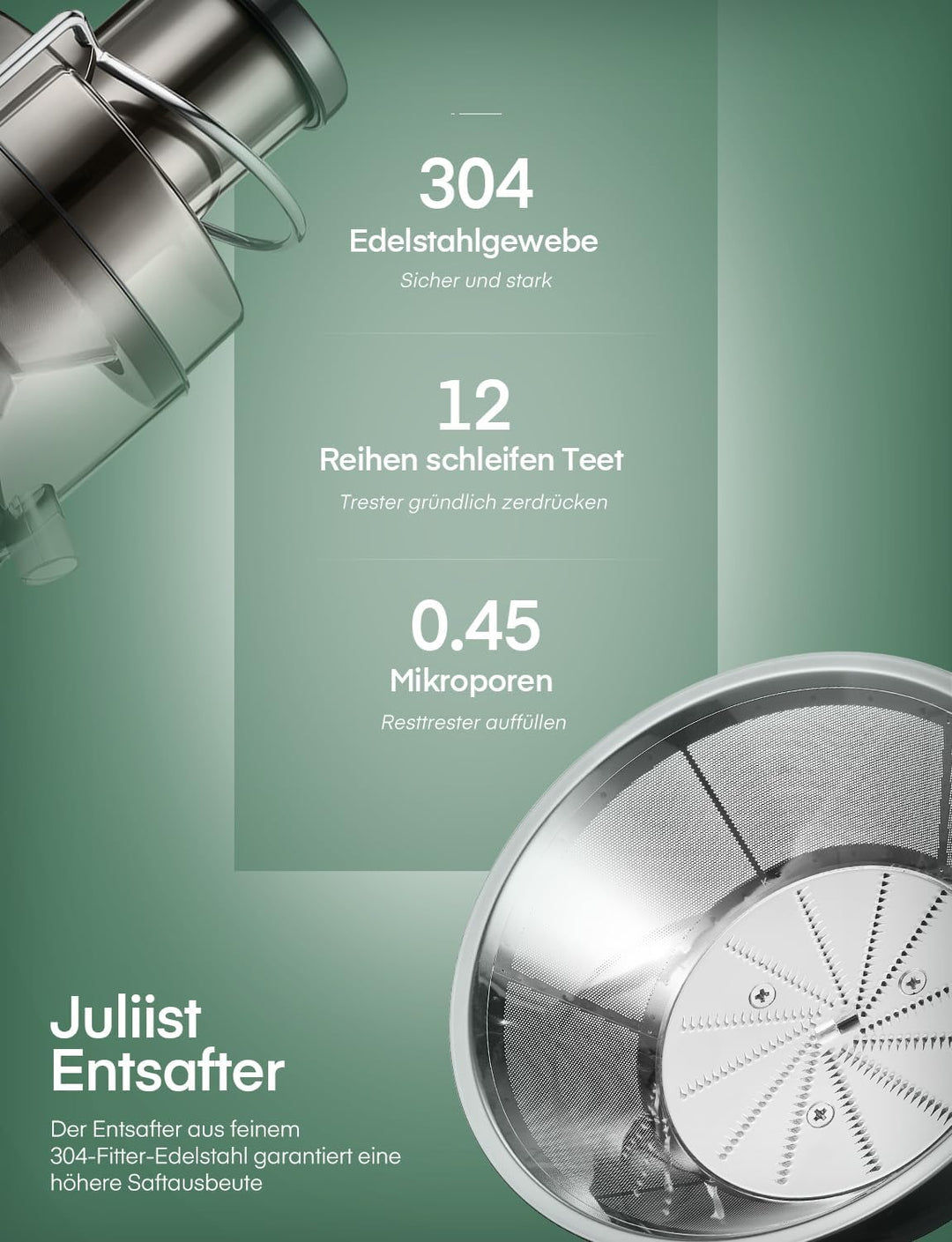 JUILIST Entsafter Gemüse und Obst, 65 mm Einfüllschacht, 3 Einstellungen, Mit Reinigungsbürste, Leic