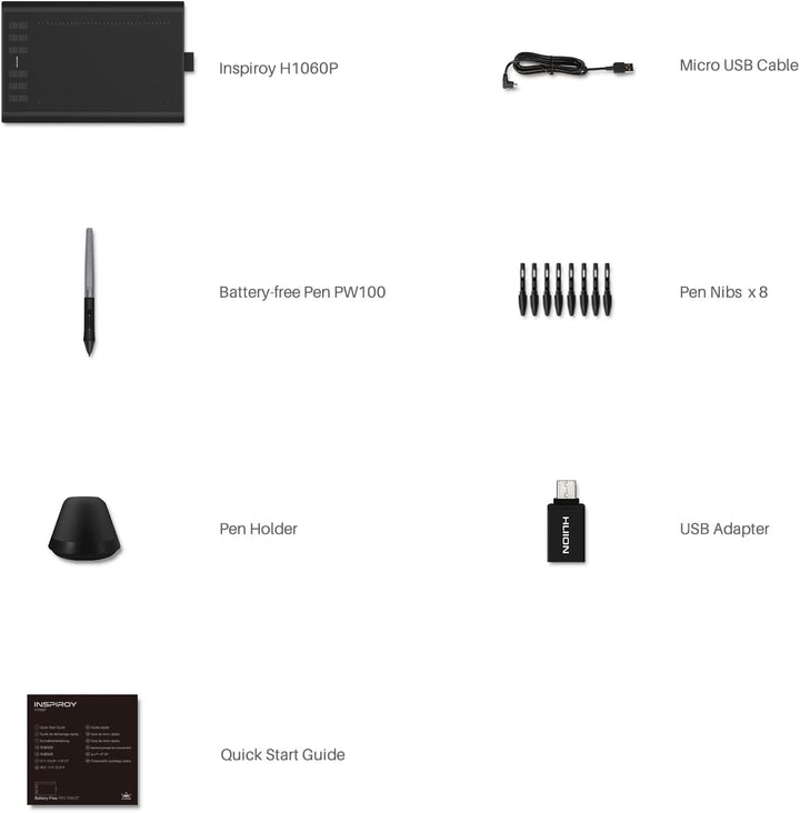 HUION H1060P Grafiktablett mit 10 x 6,25 Zoll Arbeitsbereich, Upgrade des Batterielosen Stifts, Unte
