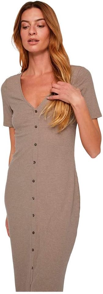 Vila Damen Vifelia Button S/S Midi Dress/Su-Noos Midikleid XXL Walnut/Detail:melange, XXL Walnut/Det