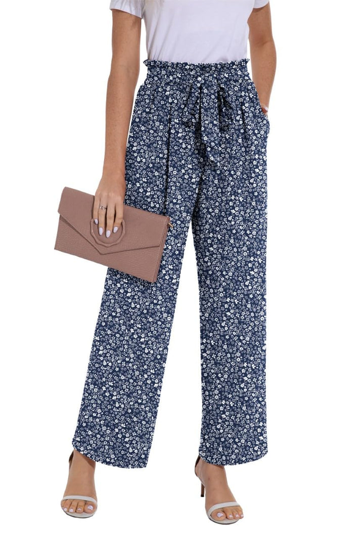 PrinStory Damen Hose Mit Weitem Bein Leichte Elastische Taille Sommer Hose Mit Taschen Kausale Arbei