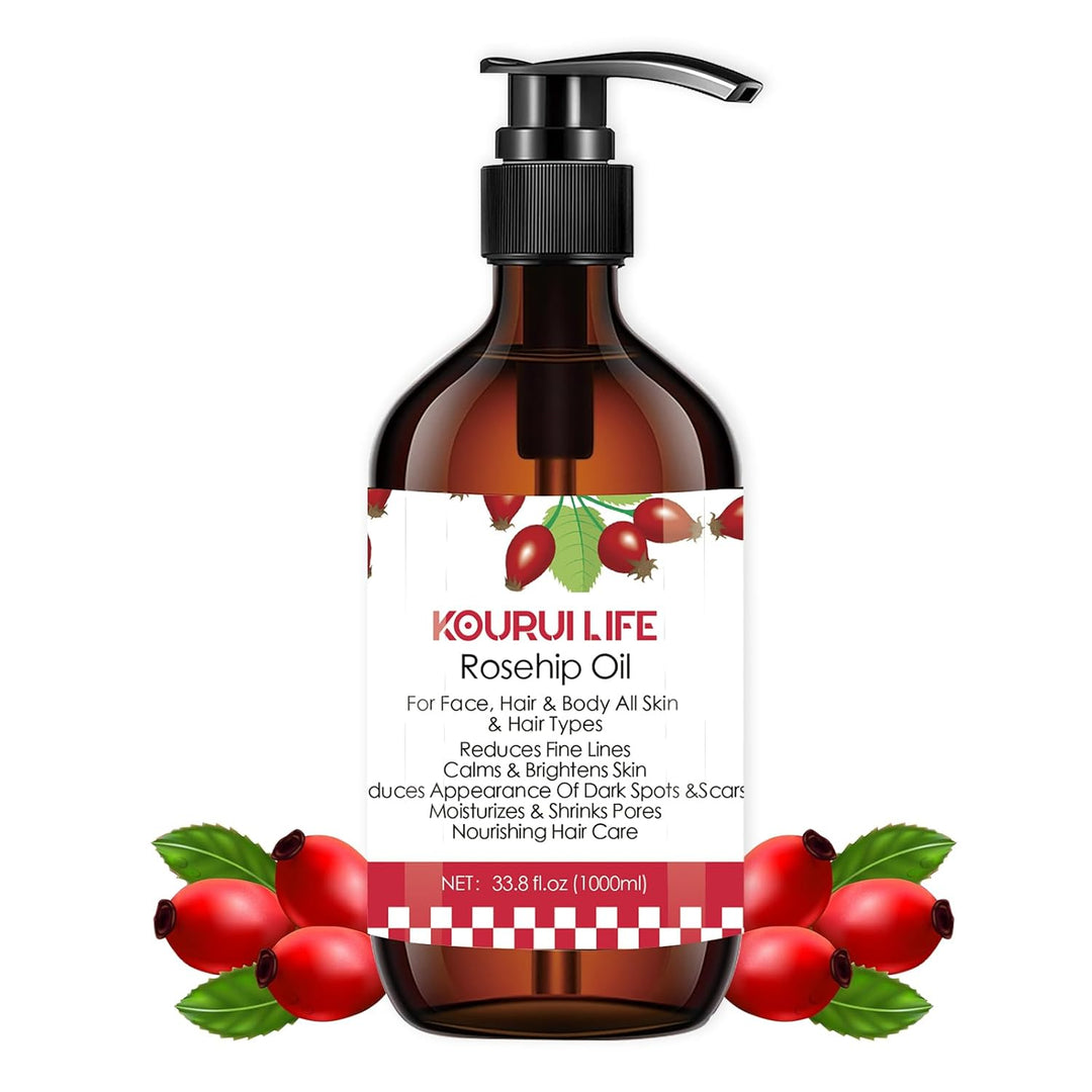 KOURUILIFE Hagebuttenöl 33.8oz(1000ml) 100% Rein Natürlich, Kaltgepresst, Unraffiniert, Vegan - Natu