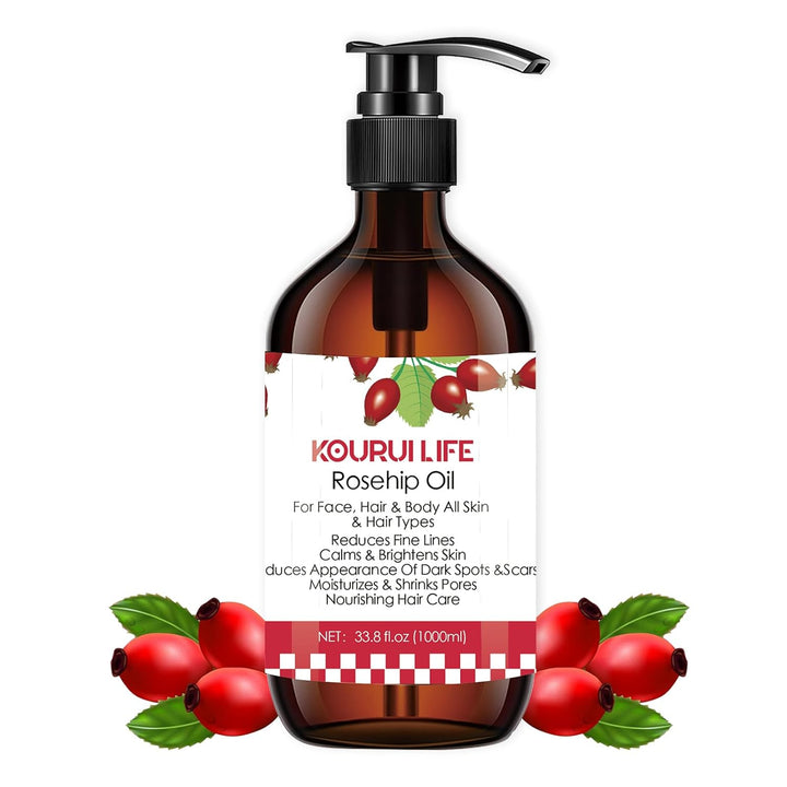 KOURUILIFE Hagebuttenöl 33.8oz(1000ml) 100% Rein Natürlich, Kaltgepresst, Unraffiniert, Vegan - Natu