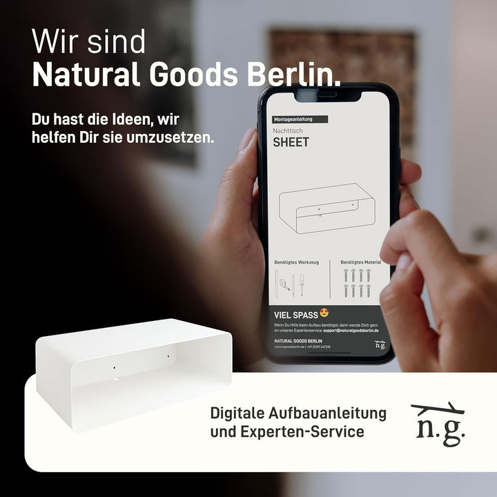 Natural Goods Berlin 1x Nachttisch Sheet - Schweberegal Weiss, Metall 45 x 24 x 15 cm - Nachttisch h