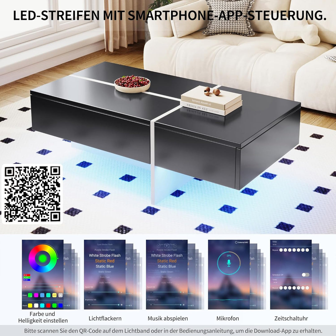 Merax Moderner LED Couchtisch, Wohnzimmertisch mit 3 Schubladen, Hochglänzender Couchtisch, schwarz-