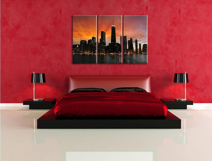 Pixxprint Chicago-Wolkenkratzer-Silhouette als Leinwandbild/Grösse: 3 Teilig (120x80) / Wandbild/Kun