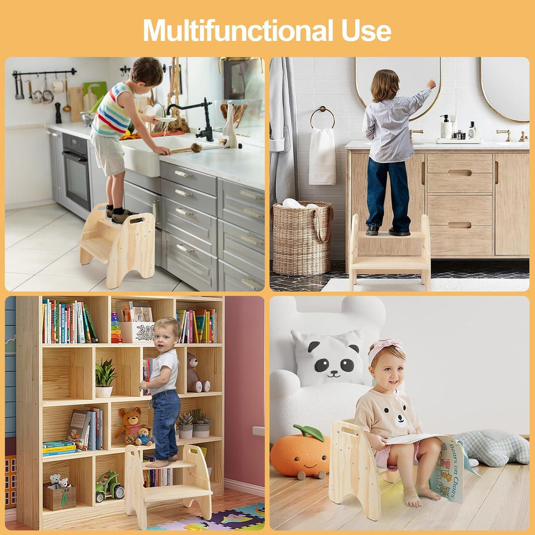 Comfoyar Tritthocker Kinder Holz, 2 Stufenhocker für Kinder mit Griff und Rutschschutzkissen, Cabrio