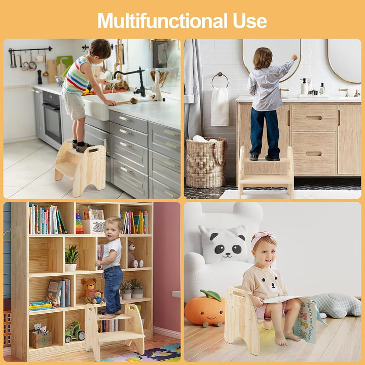 Comfoyar Tritthocker Kinder Holz, 2 Stufenhocker für Kinder mit Griff und Rutschschutzkissen, Cabrio