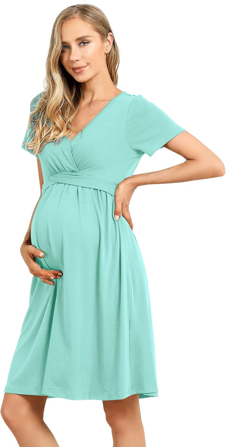 KOJOOIN Damen Umstandskleid V-Ausschnitt Stillkleid Casual Falten Schwangerschaftskleid(Verpackung M