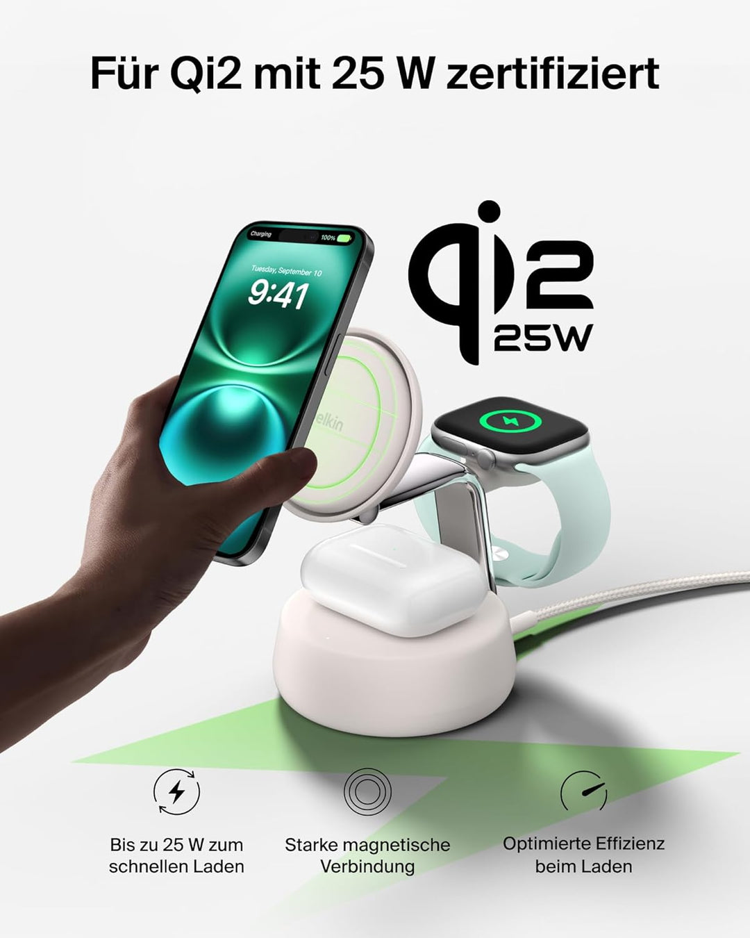 Belkin UltraCharge Pro Qi2.2 Induktive Ladestation, 25W, 3 in 1 Ladegerät MagSafe Kompatibel, Wirele