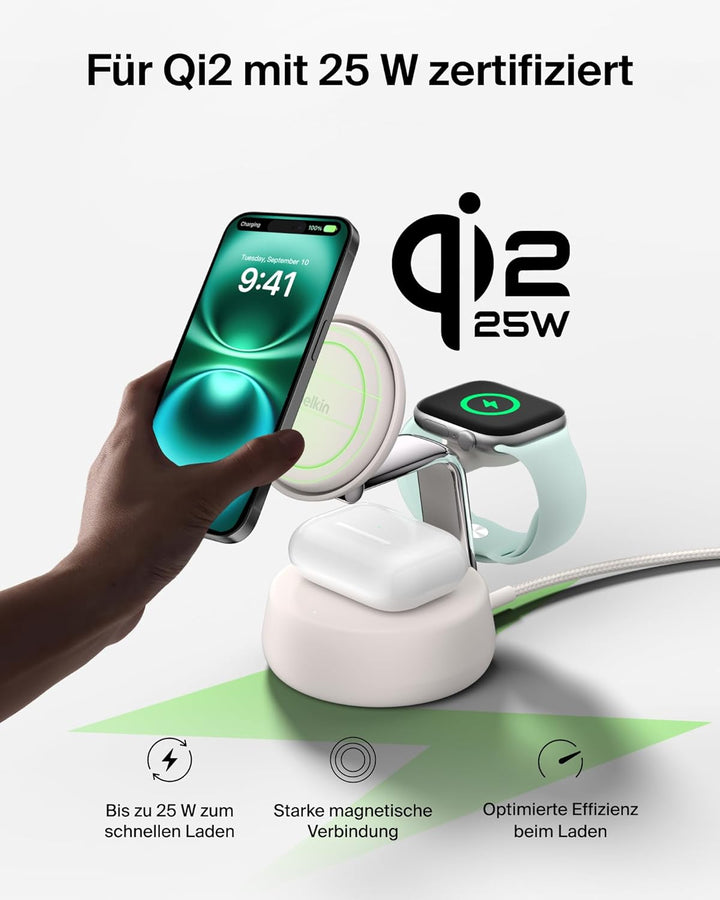 Belkin UltraCharge Pro Qi2.2 Induktive Ladestation, 25W, 3 in 1 Ladegerät MagSafe Kompatibel, Wirele