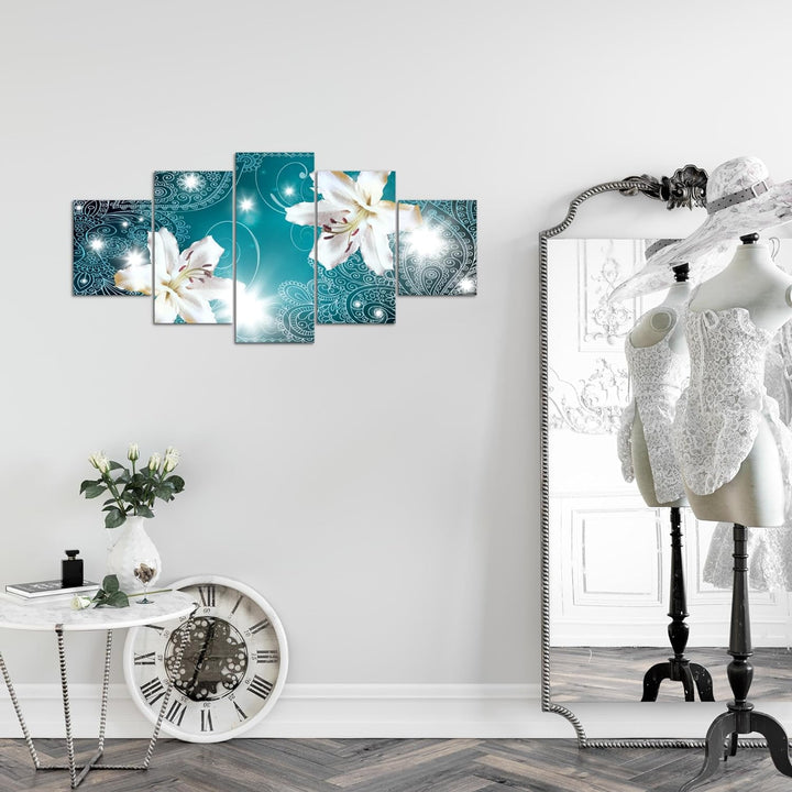 Runa Art Wandbilder Blumen Lilien 5 Teilig Bild auf Vlies Leinwand Deko Wohnzimmer Abstrakt Türkis 0