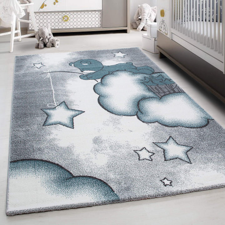 Teppium Kinderteppich für Jungen und Mädchen Bär Muster 80 x 150 cm Blau - Kurzflor Waschbarer Teppi