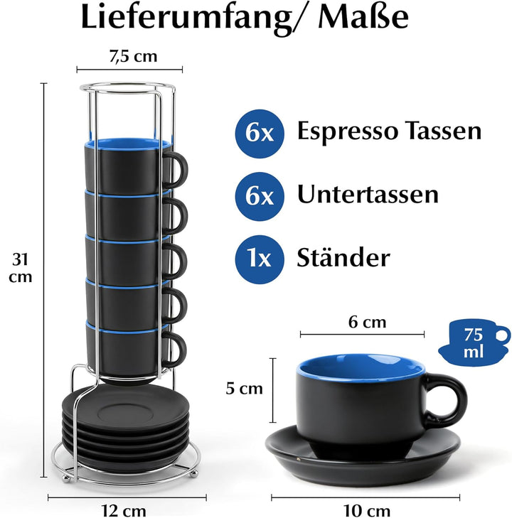 MIAMIO - 6 x 75 ml Espressotassen Set/Espresso Tassen Set mit Untertasse & Ständer - Kaffeetassen Se