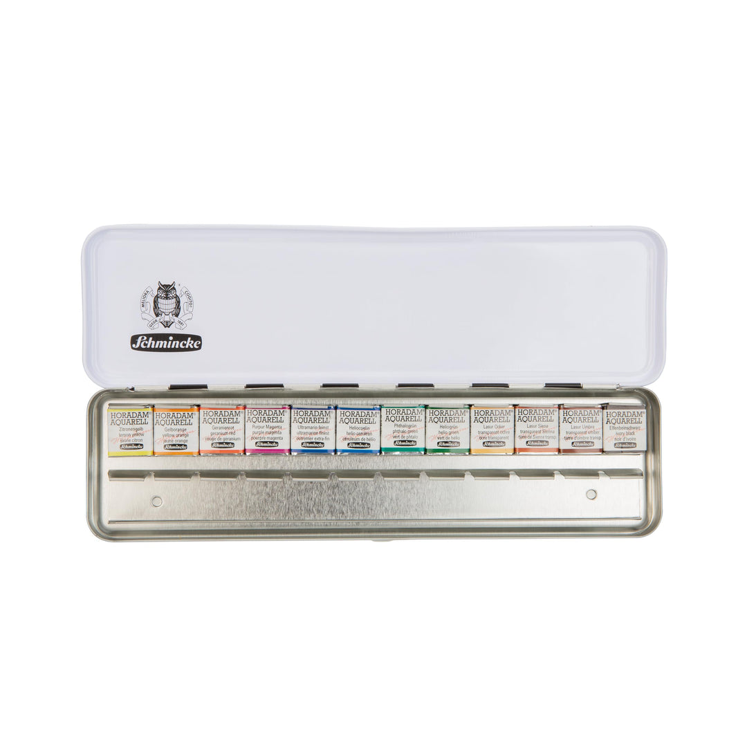 Schmincke – HORADAM® AQUARELL Farbkasten Slim Line mit 12 feinsten Aquarellfarben in 1/2 Näpfchen, 7