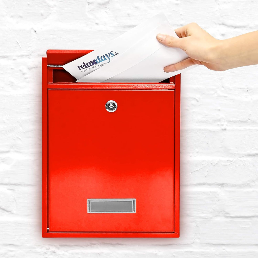 Relaxdays Design Briefkasten Metall Rot 26,5 x 35 x 8,5 cm, Rot