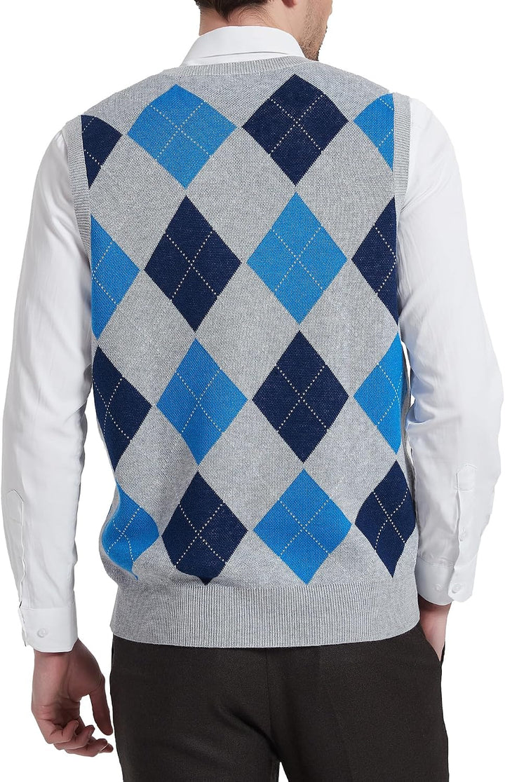 Kallspin Herren Argyle Gestrickt Ärmellos Pullover Wollmischung V-Ausschnitt Strickwesten L Hellgrau