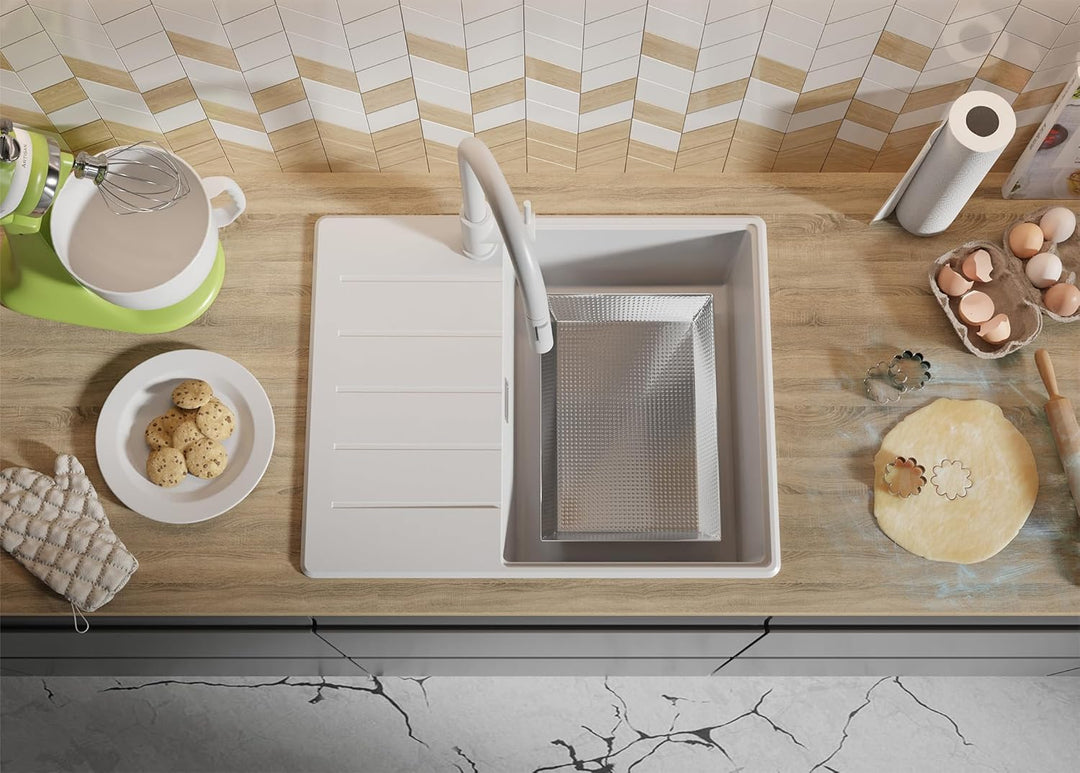 PRIMAGRAN Granitspüle Weiss 62x50cm, Granitspüle 1 Becken + Ablauf-Set, Küchenspüle ab 45er Untersch