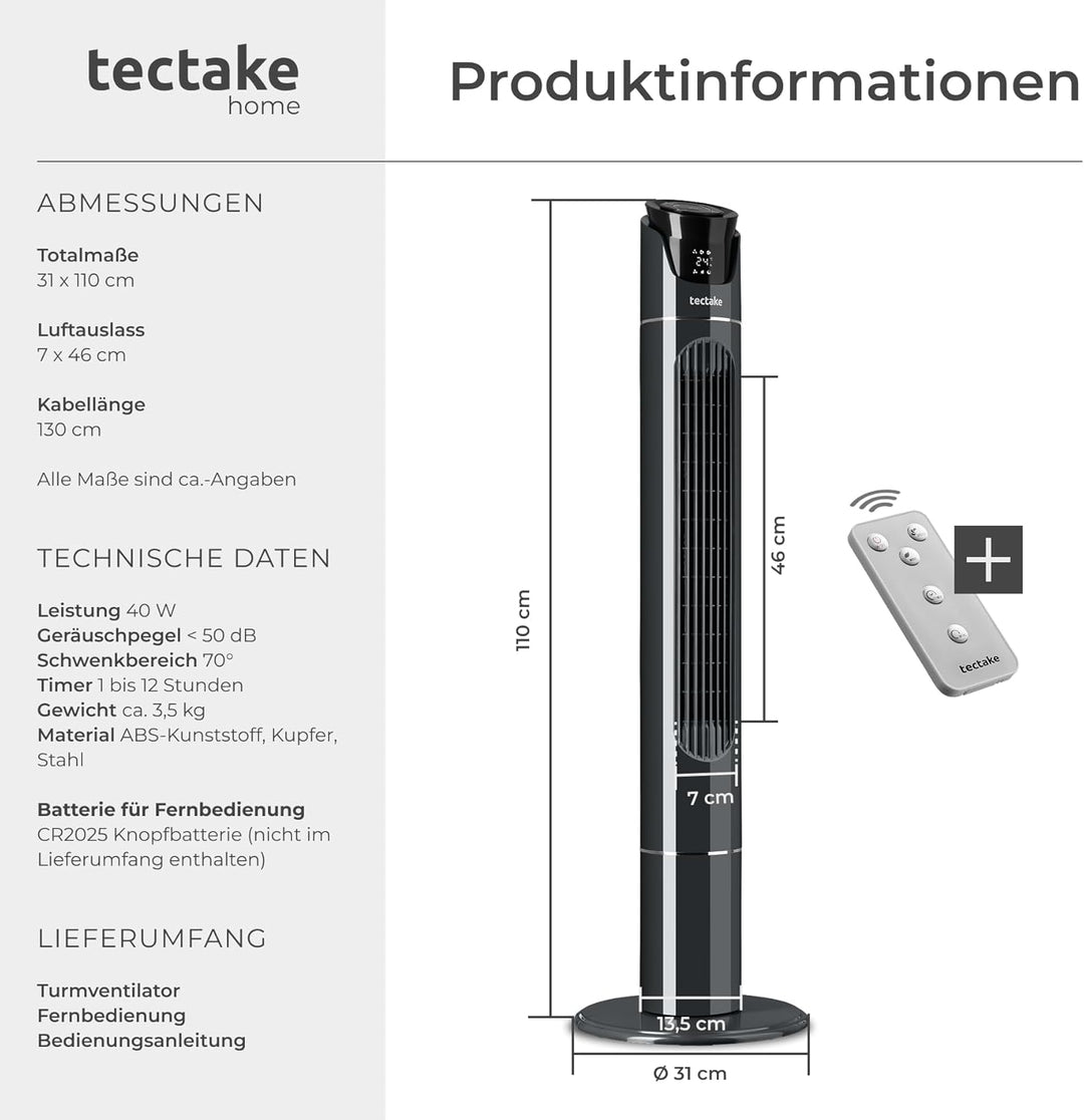 tectake® Standventilator mit Fernbedienung, 110 cm, oszillierender Ventilator mit Fernbedienung und
