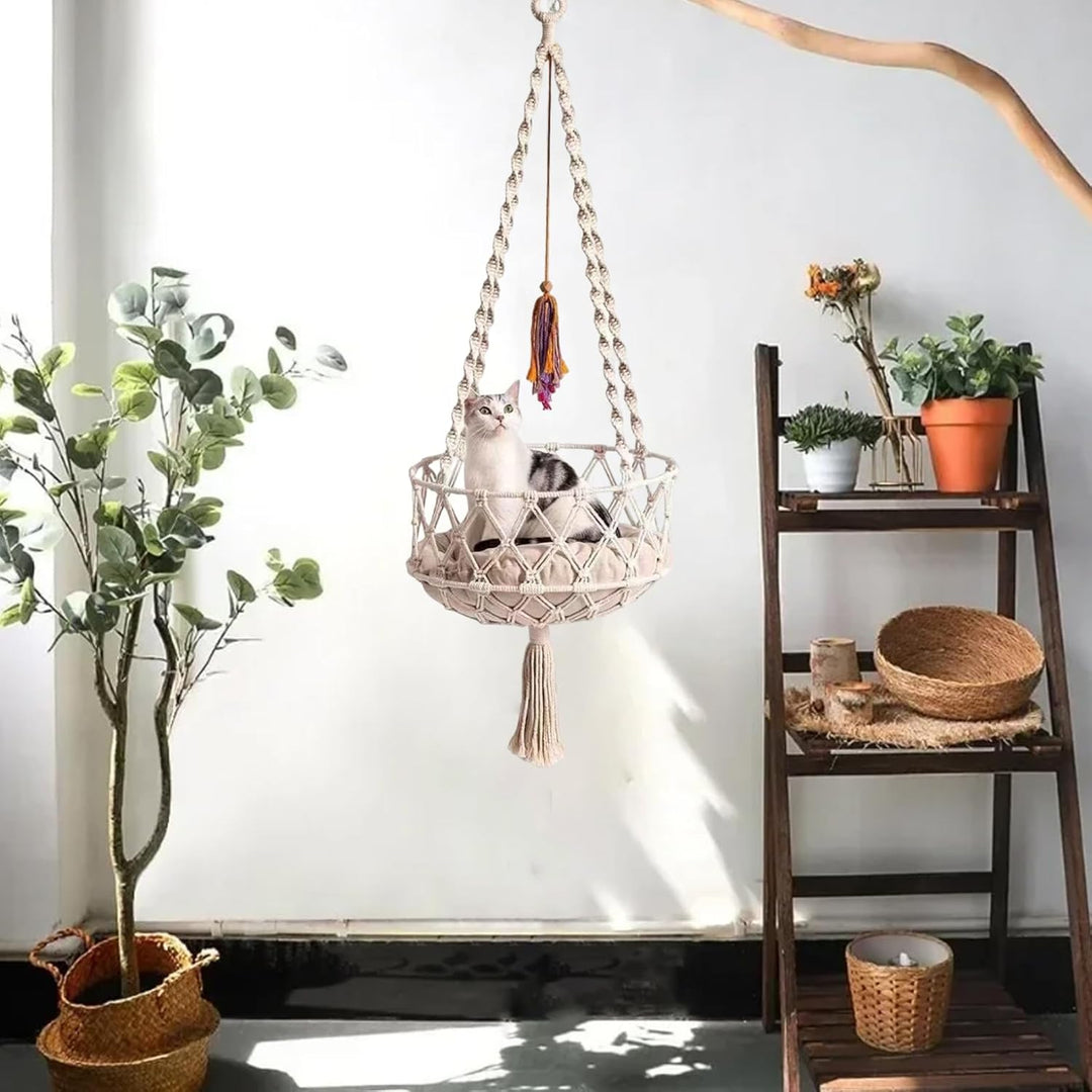 Katzenschwung 49 Zoll Hanges Katzenbett mit Baumwollmatte Boho -Katze Hängematte mit Quasten Platz s