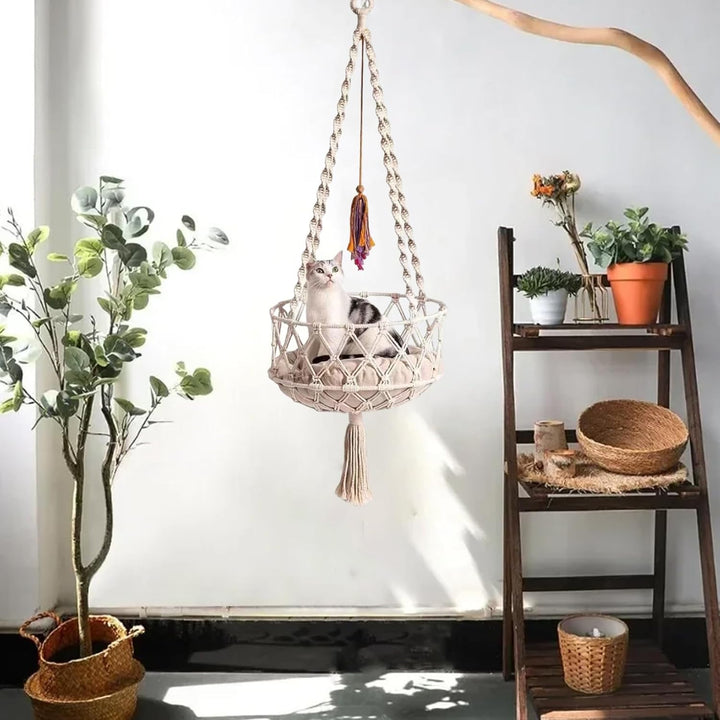 Katzenschwung 49 Zoll Hanges Katzenbett mit Baumwollmatte Boho -Katze Hängematte mit Quasten Platz s
