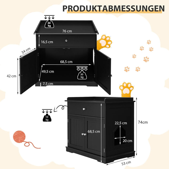 COSTWAY Katzenschrank mit Schublade & Tür & Eingang, 3-in-1 Katzenhaus Katzentoilette Beistelltisch,