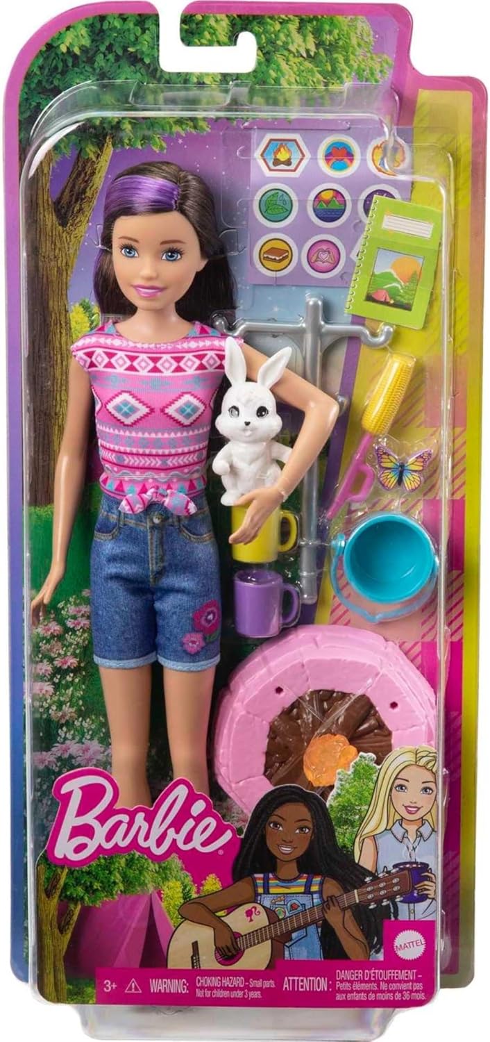 Barbie Camping Serie, Campingset mit Skipper-Puppe, Schmetterling, Hase, Camping Zubehör, Aufkleber,