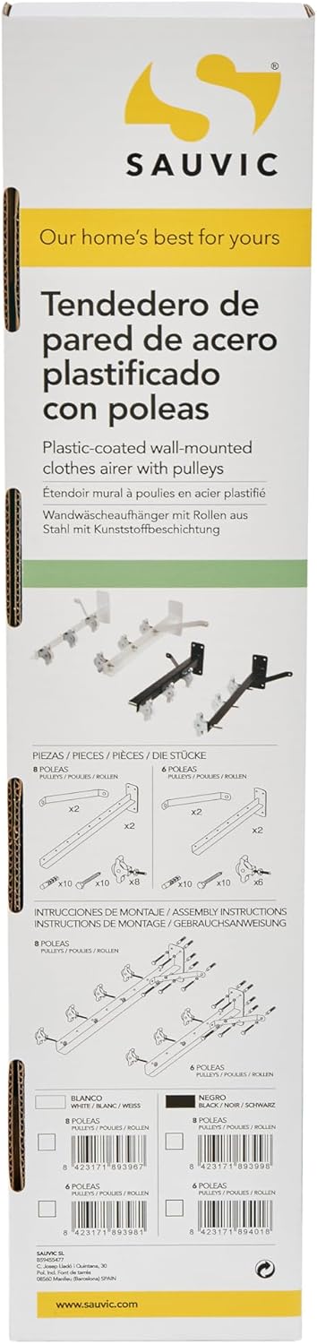 Sauvic 89396 - Wäscheständer mit 8 Riemenscheiben, kunststoffbeschichtet weiss, 55 cm.