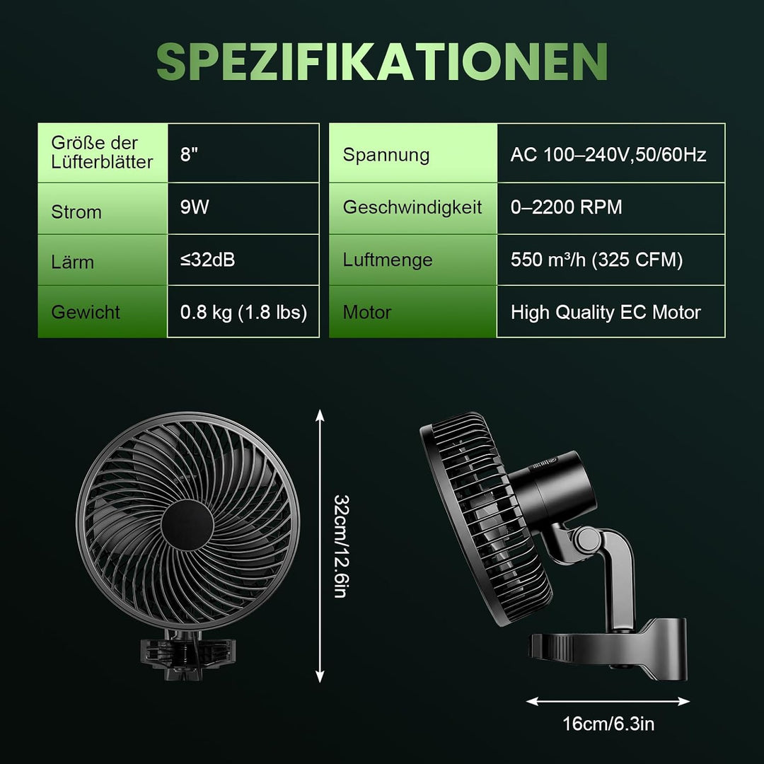 Grow Ventilator Oszillierend mit Clip, 10 Stufen EC-Motor 9W Ventilator für Growzelt &amp; Growbox, 325