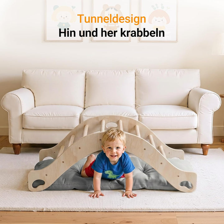 COSYLAND Montessori Kletterbogen mit Kissen, Kletterbogen ab 1 Jahr, Holzwippe für Kinder, Motorik-S