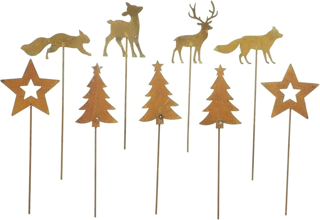 Dekoleidenschaft 9 Deko-Stecker Winterwald aus Metall in Rost-Optik, Metallstecker für Gestecke, Krä