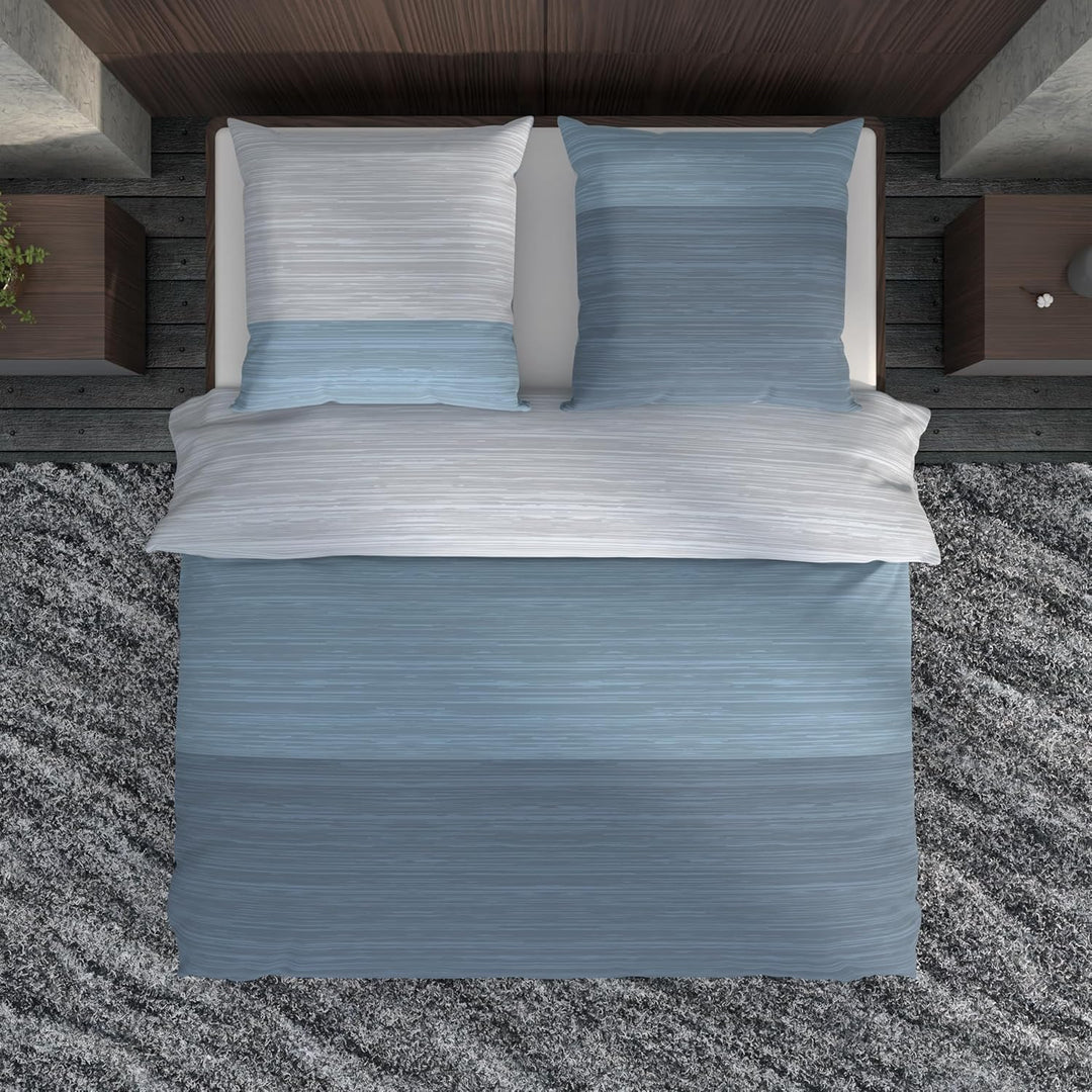 LARAWELL Bettwäsche 135x200 Baumwolle Ganzjahres Bettwäsche-Sets blau grau gestreift Premium Blau, G