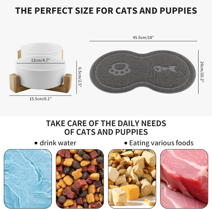 Katzennapf, 2 Stück Keramik Futternapf Katze Set, 3-in-1 rutschfeste Katzennäpfe mit Holzstände und