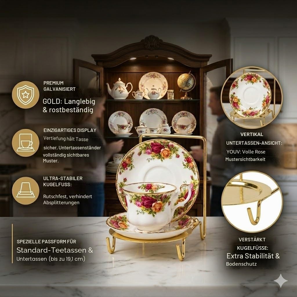 HOHIYA Ständer für Teetassen und Untertassen, Ständer für Teetassen, Staffelei, geätzte Basis, Gold,
