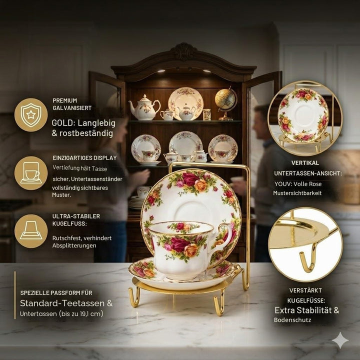 HOHIYA Ständer für Teetassen und Untertassen, Ständer für Teetassen, Staffelei, geätzte Basis, Gold,