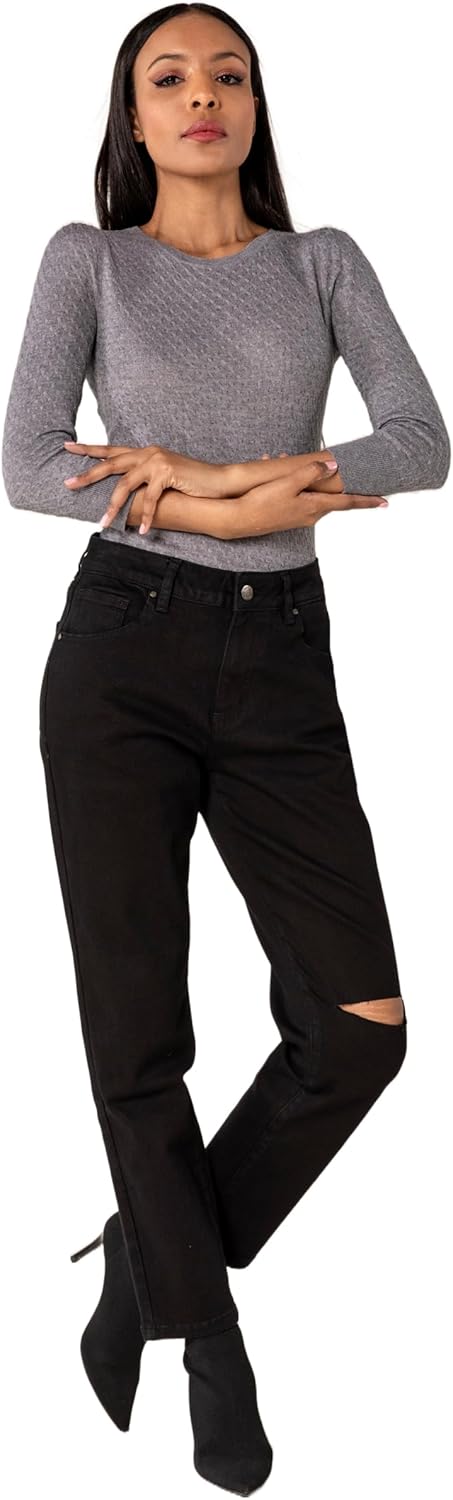 Nina Carter Damen Boyfriend Jeanshosen High Waist MOM Jeans Cutted Knee Used-Look Waschungseffekt XS