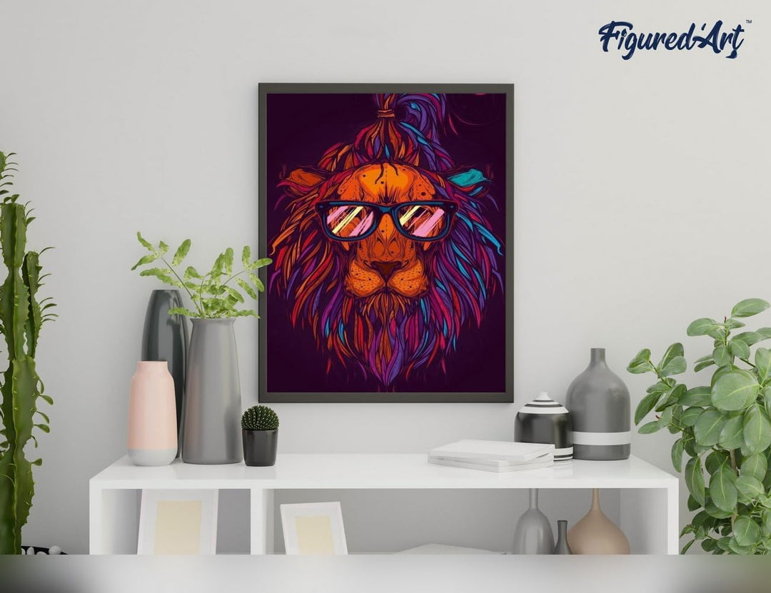 Figured'Art Malen Nach Zahlen Erwachsene Mit Rahmen Löwe mit Brillen - Paint by Numbers Basteln DIY