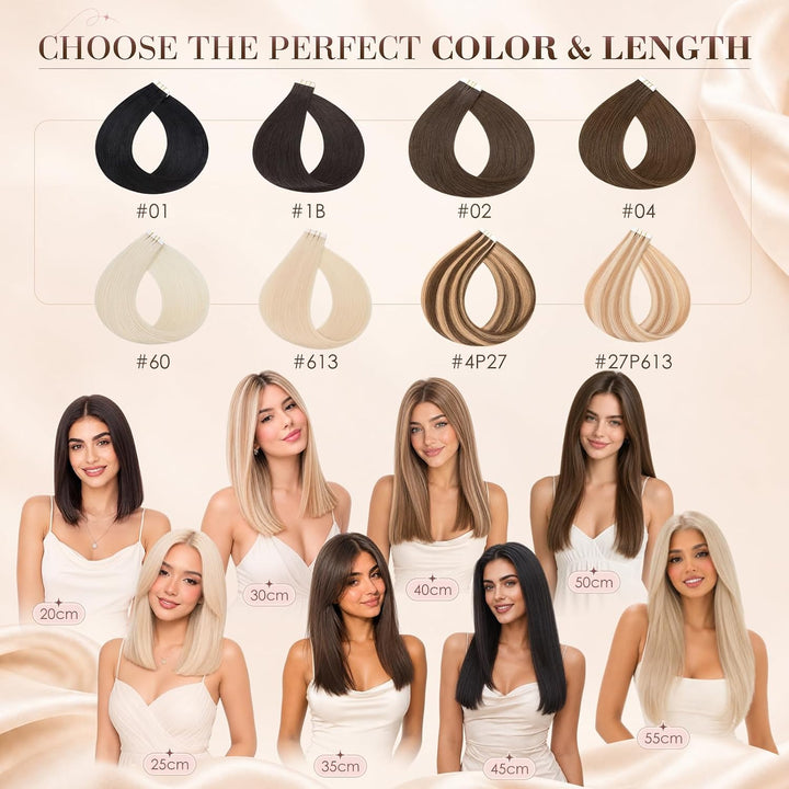 Elailite Tape Extensions Echthaar Naturschwarz, 10 Stück 20g Kleber Haarverlängerungen Invisible Gla