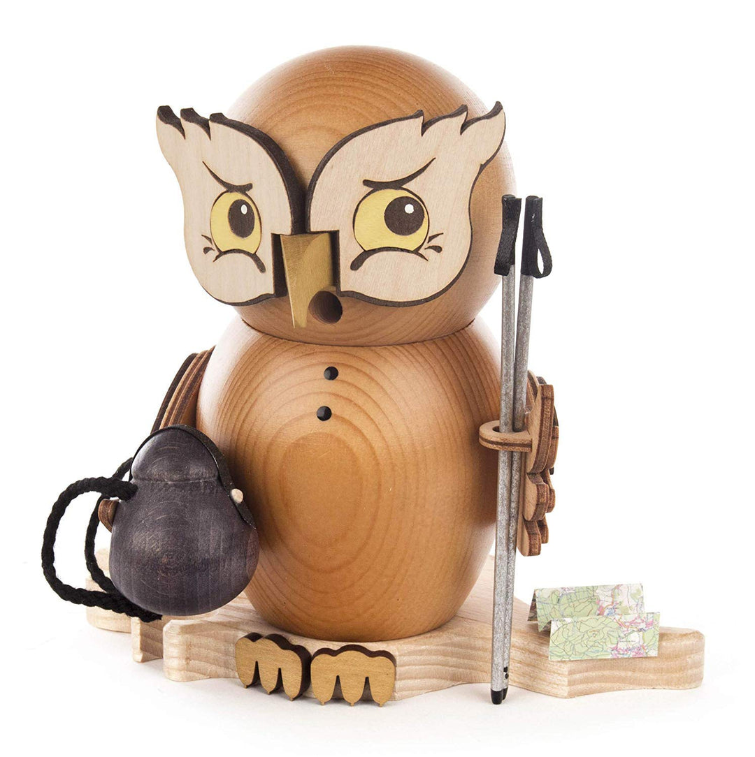 Drechslerei Kuhnert - Rauchfigur/Räucherfigur - Eule Wanderer aus Massivholz - ca. 15 cm - Made in G