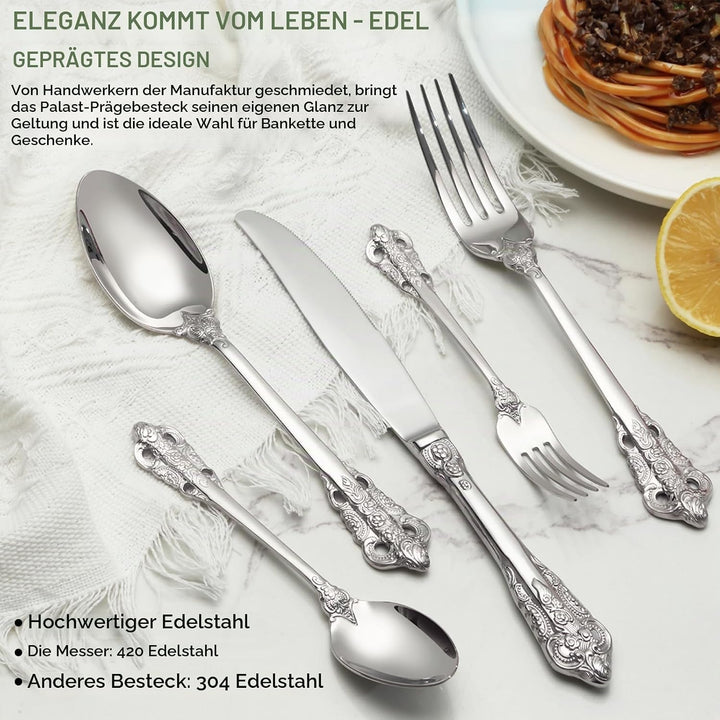BEWOS 30 Stück Silber Palast Besteck Set, Hochwertig Edelstahl Besteck, Geprägte Design-Griffe, Bank