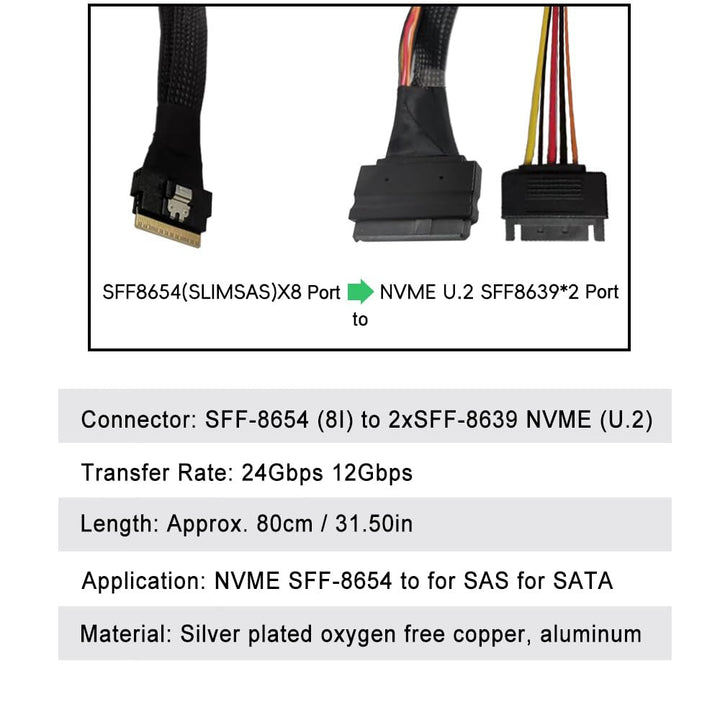 ciciglow NVME-Adapterkabel, SFF-8654 auf 2xSFF-8639 24 Gbit/s 12 Gbit/s 80 cm, NVME SFF-8654 auf für