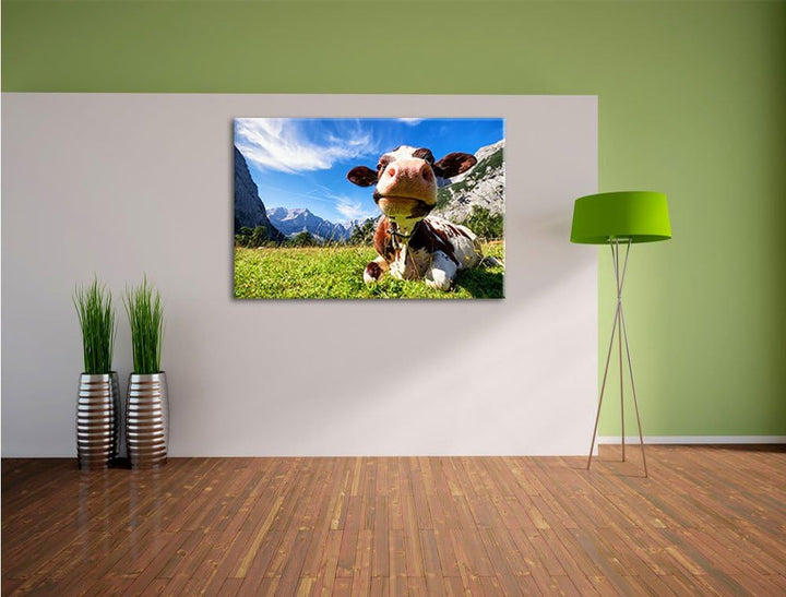 Kuh im Karwendelgebirge, Format: 100x70 auf Leinwand, XXL riesige Bilder fertig gerahmt mit Keilrahm