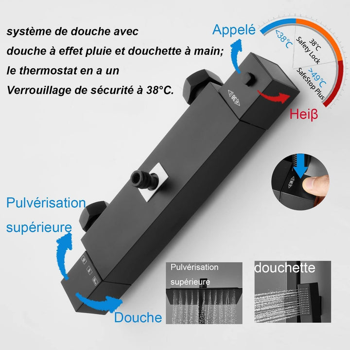 KOMIRO Duschsystem mit Thermostat, 25 X 25cm Regendusche mit armatur, Duscharmatur Schwarz, Duschgar