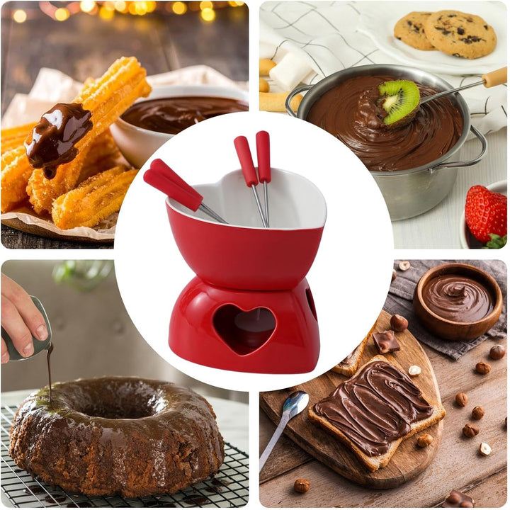 Keramischer Mini-Fondue-Becher Set - Mit Gabeln & Teelicht Für Schokolade & Dessert Rot, Rot