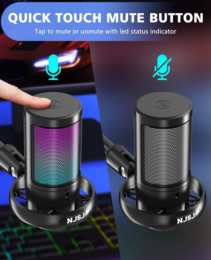 NJSJ Mikrofone PC, Gaming Microphone for PS4 PS5, RGB USB C Podcast Mikrofone with Mute Button, Trip