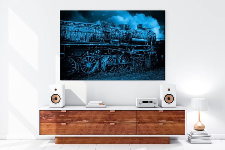 deyoli uralte Dampflokomotive Format 60x40 Effekt: Monocrome Blau als Leinwandbild, Motiv fertig ger
