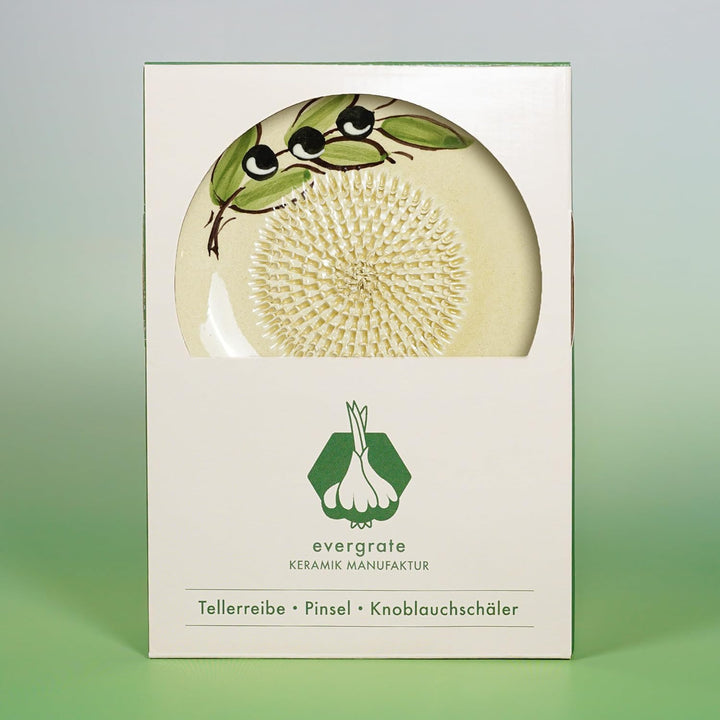 Evergrate® Keramikreibe Olivia mit Geschenkbox – mit Reibe, Knoblauchschäler, Rezeptheft & Pinsel –