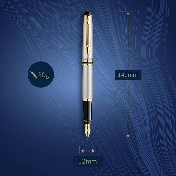 Waterman Expert Füller , Edelstahl mit Zierteile aus 23 K Gold , Füllfederhalter mit feiner Feder ,
