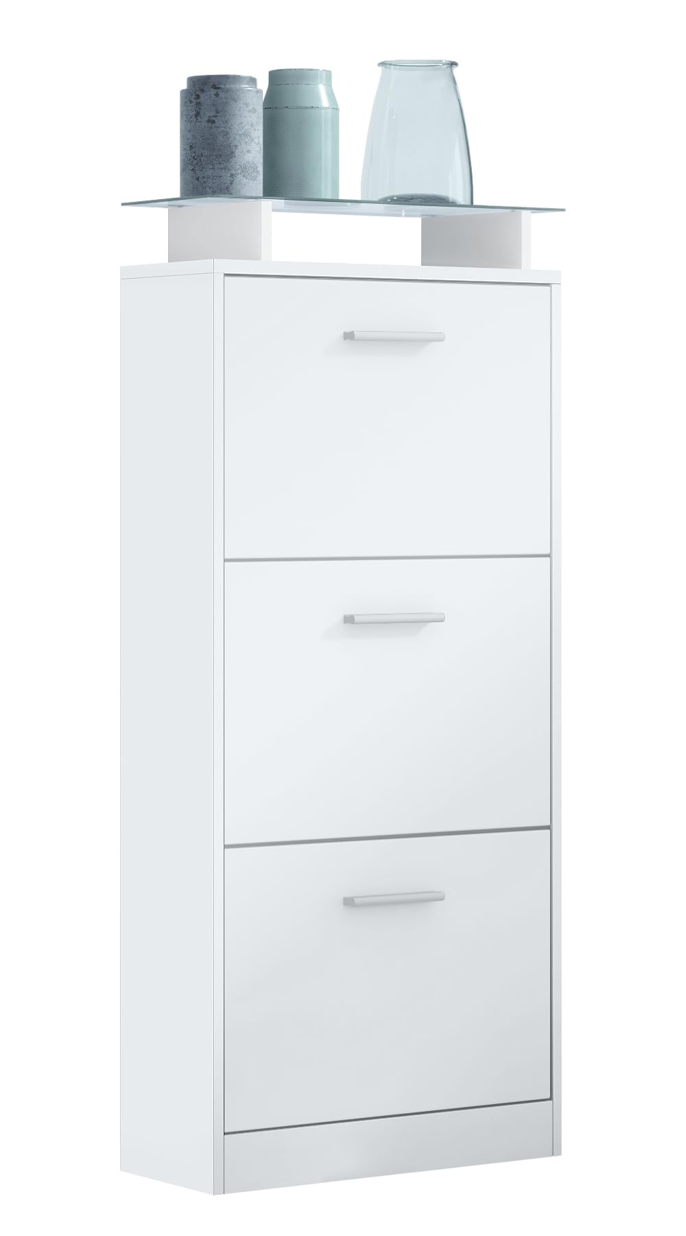 Vladon Schuhschrank Lavia V2, Schuhkipper für 12 Paar Schuhe mit 3 Klappen und Glasablage, Weiss mat
