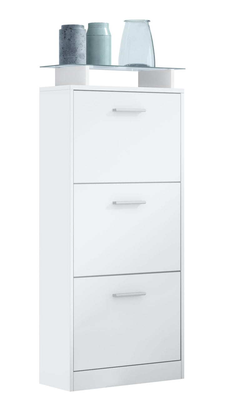 Vladon Schuhschrank Lavia V2, Schuhkipper für 12 Paar Schuhe mit 3 Klappen und Glasablage, Weiss mat