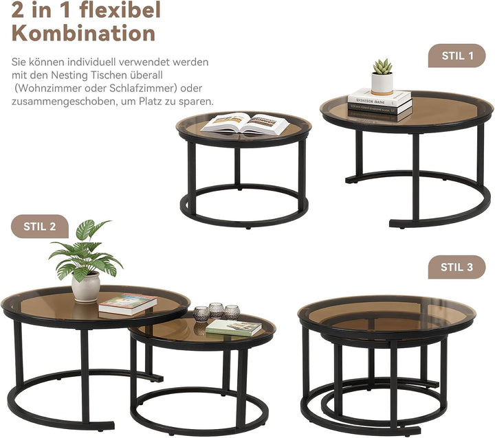 Hawthyhome 2 Stücke Beistelltisch Set rund, Moderne Kaffeetische, Couchtisch aus Glas mit Metallrahm